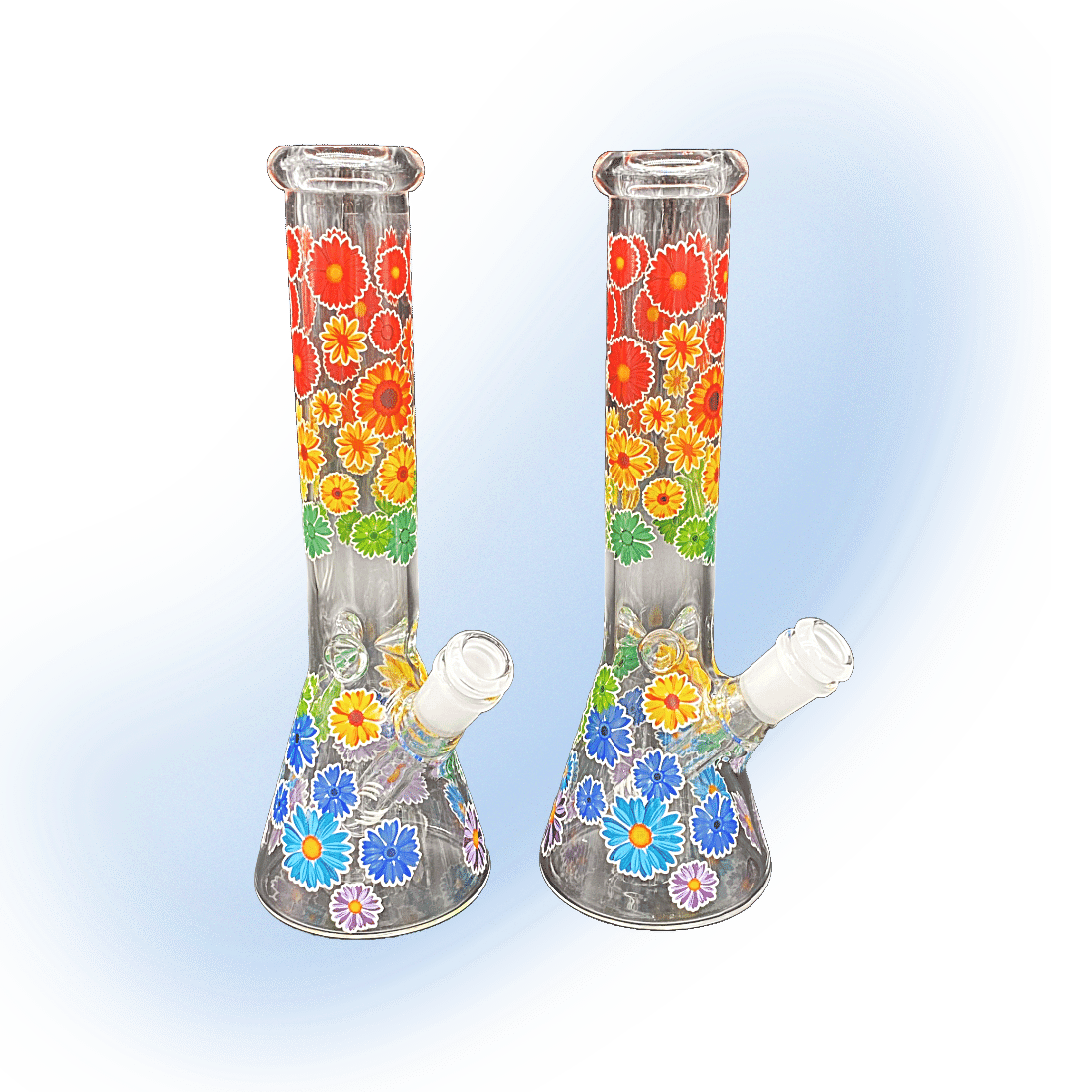 10-inch Rainbow Flowers Beaker Style Bong by CHV Glass with colorful floral design and clear glass.
