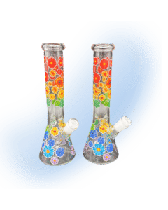 10-inch Rainbow Flowers Beaker Style Bong by CHV Glass with colorful floral design and clear glass.