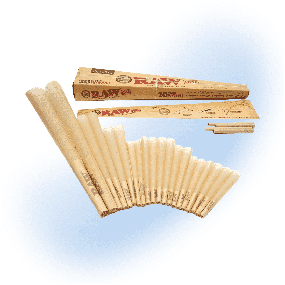 Collection of 20 RAW Classic Cones of various sizes displayed with a foldable funnel from the RAW 20 Stage RAWket pack