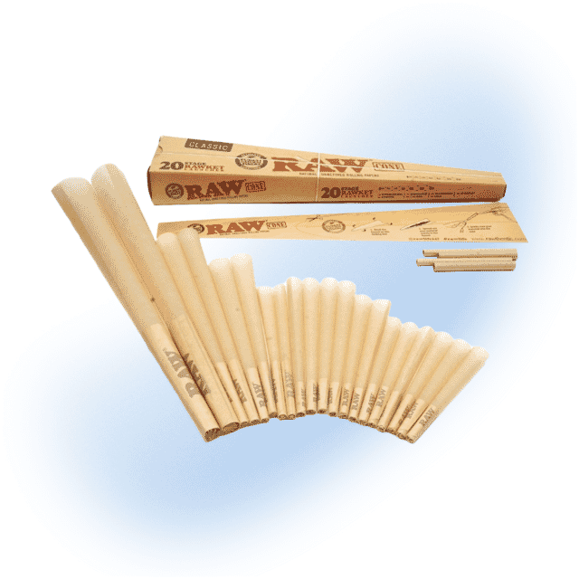 Collection of 20 RAW Classic Cones of various sizes displayed with a foldable funnel from the RAW 20 Stage RAWket pack