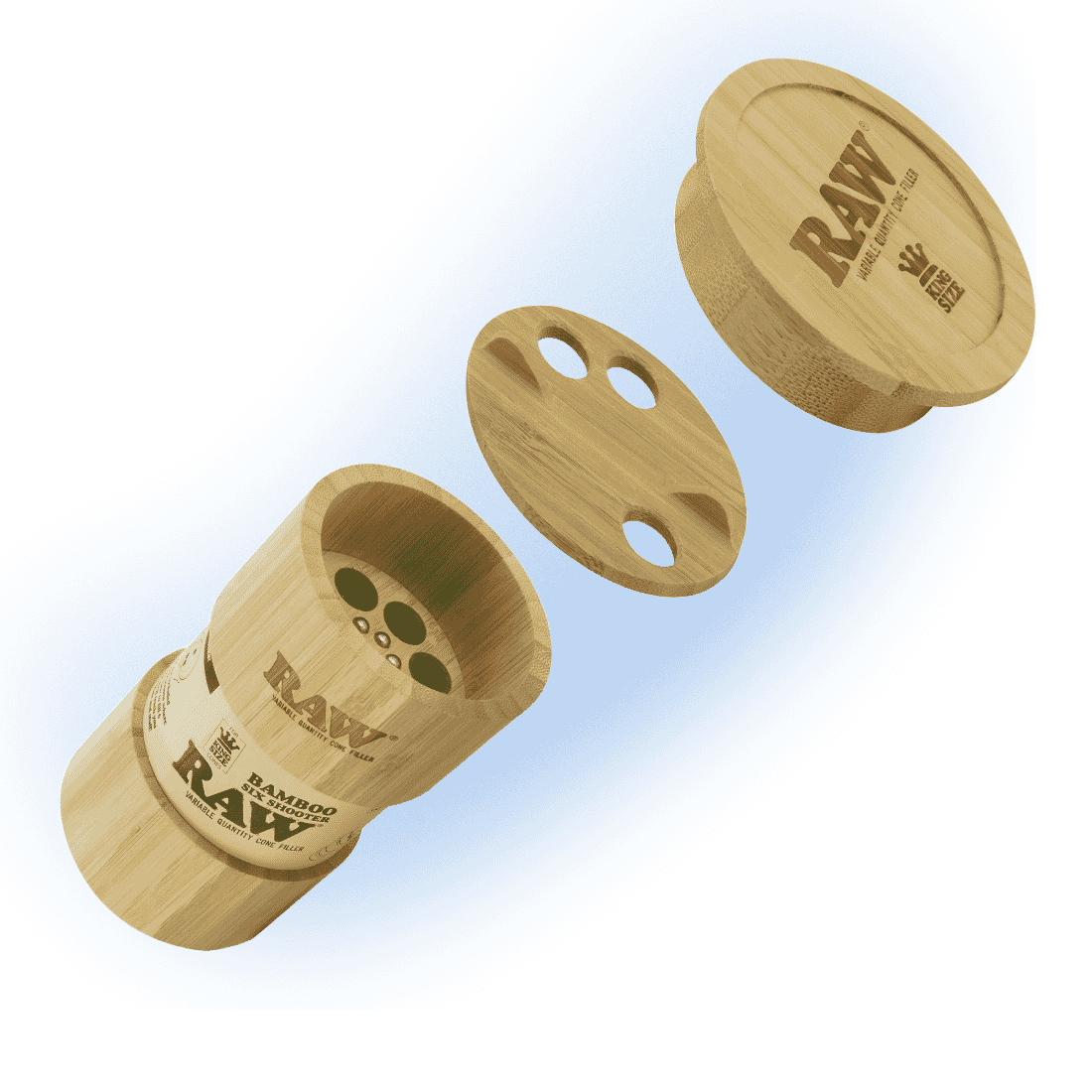 RAW Bamboo Six Shooter 1 1/4 cone filler on a wooden background.