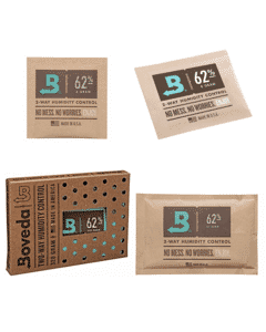 Boveda Humidity Control Pack 62% RH beside cannabis in a jar
