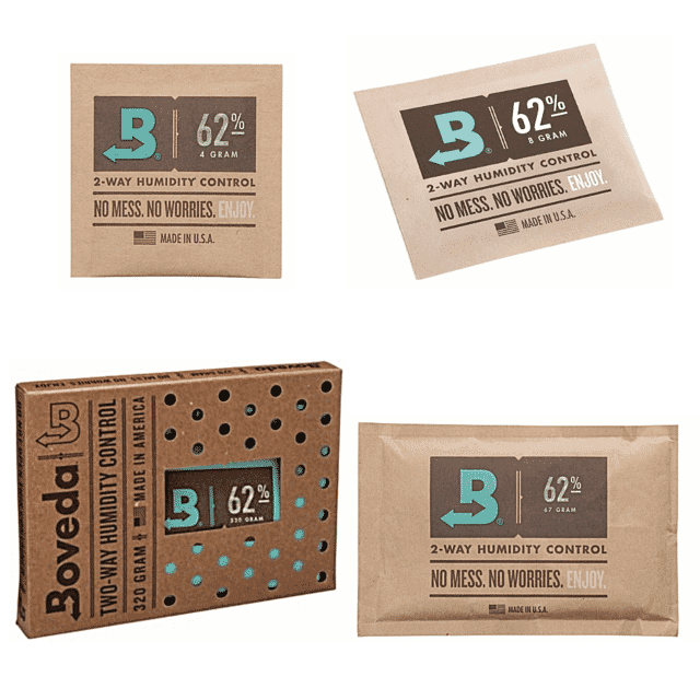 Boveda Humidity Control Pack 62% RH beside cannabis in a jar