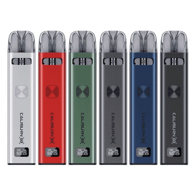 Uwell Caliburn G3 Pod System with dual pods, display screen, and charging cable.