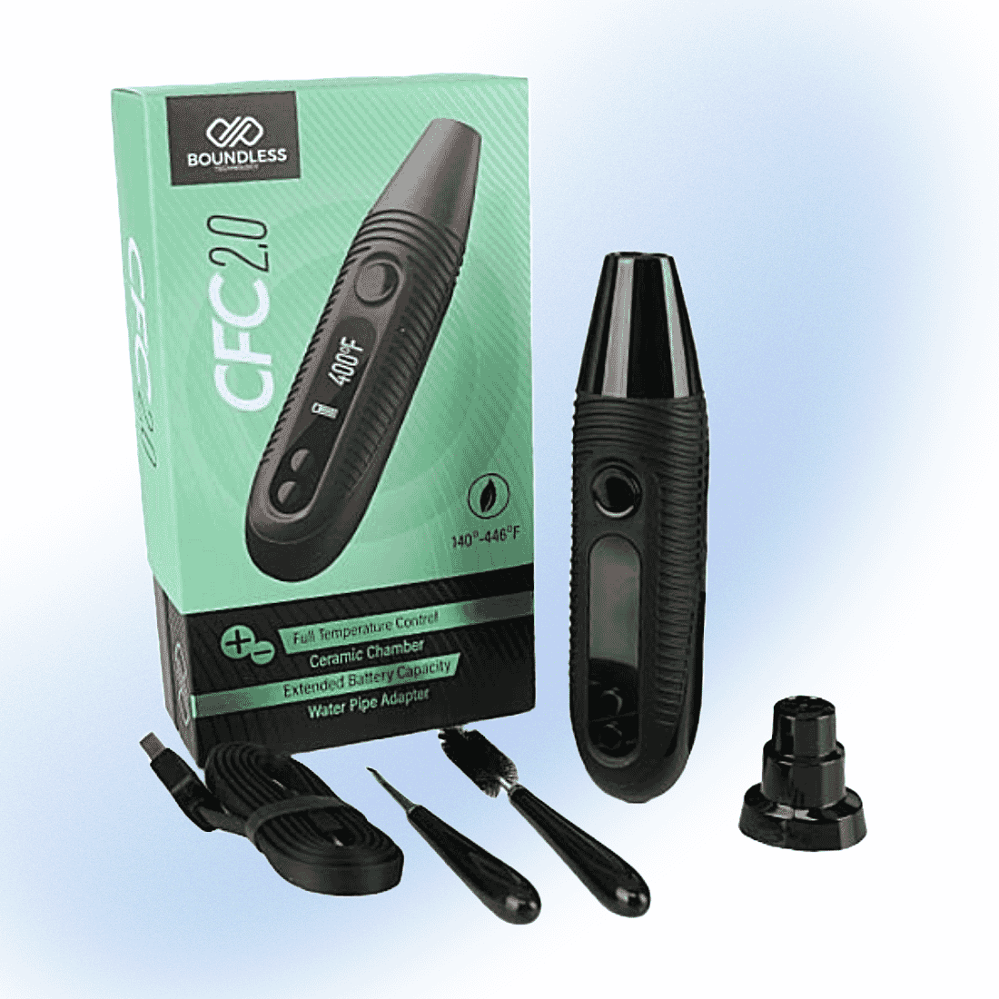 CFC 2.0 Dry Herb Vaporizer by Boundless with adjustable temperatures, ultra-discreet, compact design, and glass adapter