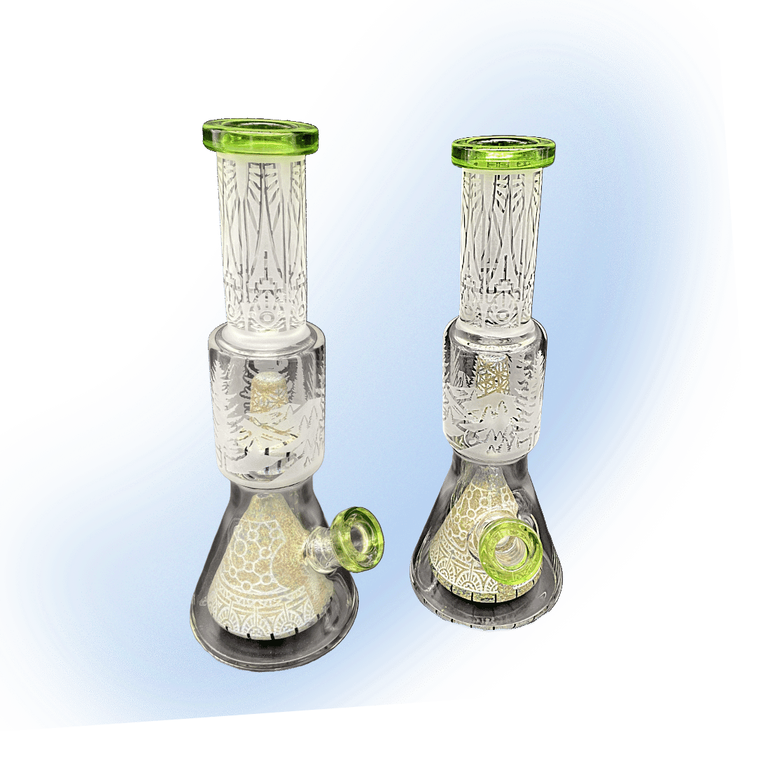 14-inch clear glass bong with sandblasted nature scene and dual water chamber percs.