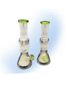 14-inch clear glass bong with sandblasted nature scene and dual water chamber percs.