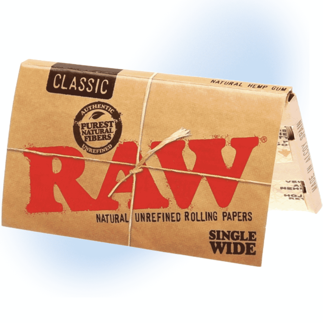 Pack of RAW Classic Single Wide Rolling Papers, natural and unbleached, with visible watermark.
