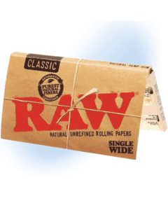Pack of RAW Classic Single Wide Rolling Papers, natural and unbleached, with visible watermark.