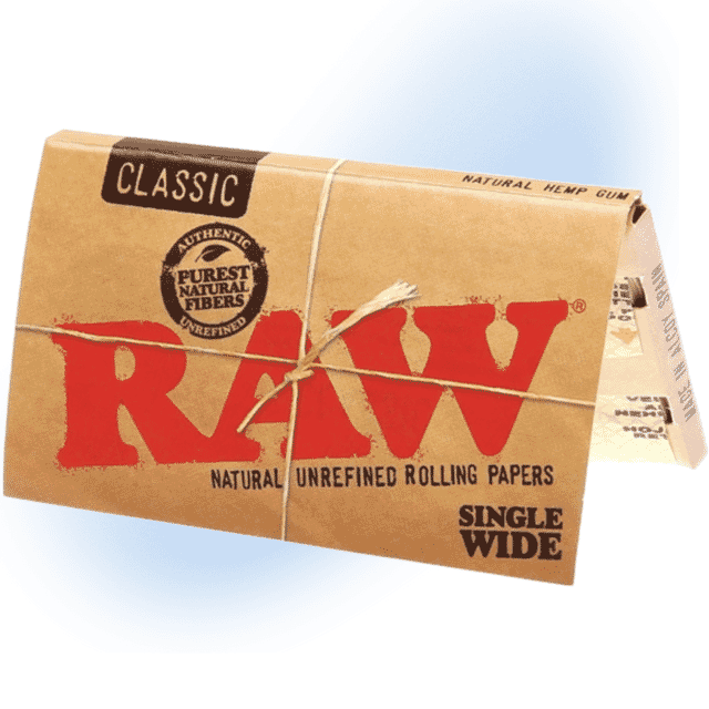 Pack of RAW Classic Single Wide Rolling Papers, natural and unbleached, with visible watermark.