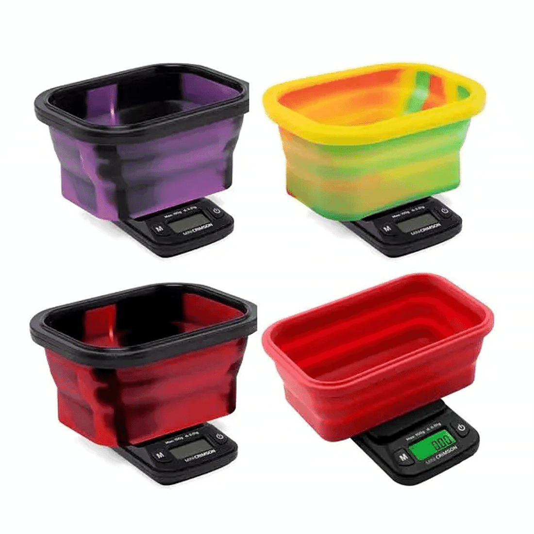 MINI CRIMSON digital mini scale with expandable silicone bowl and LCD screen, included batteries