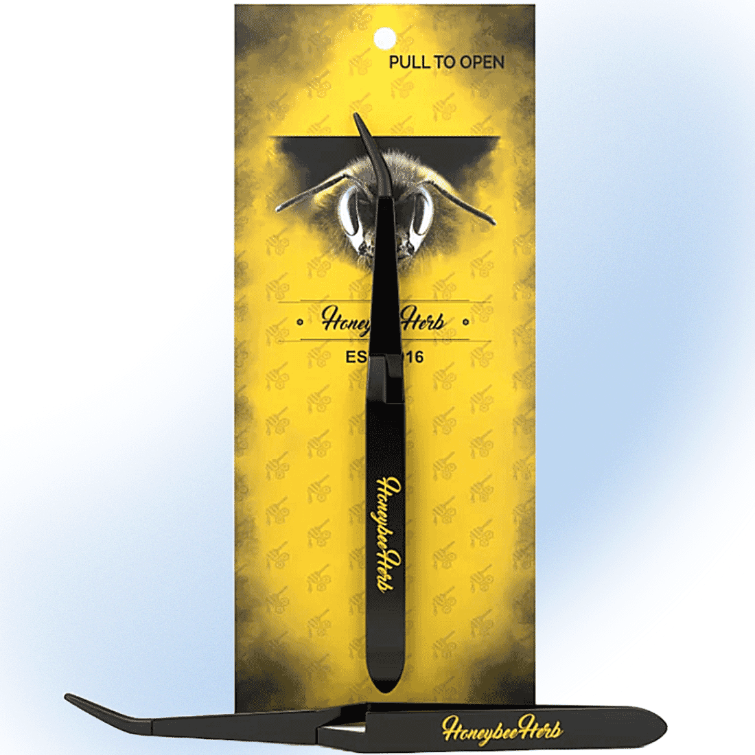 Curved Silicone Tip Reverse Tweezers with Honeybee Herb logo