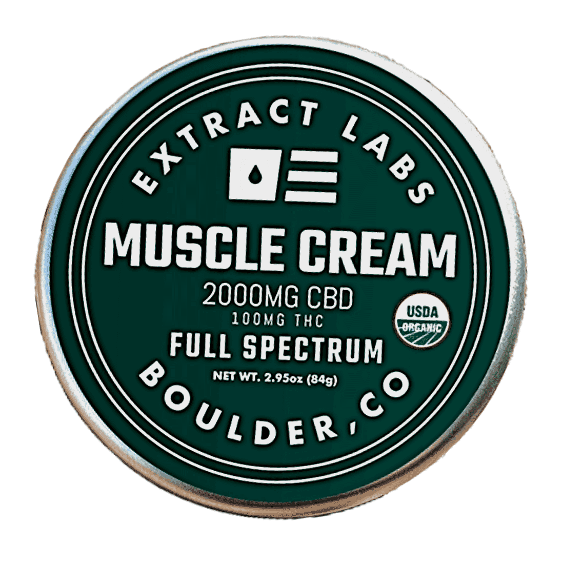 Extract Labs CBD Infused Muscle Cream tin containing 2000 mg of CBD with menthol and arnica for muscle relief.