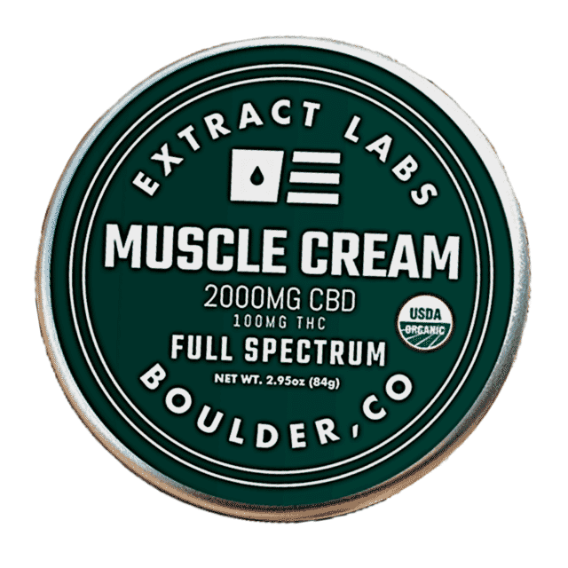 Extract Labs CBD Infused Muscle Cream tin containing 2000 mg of CBD with menthol and arnica for muscle relief.