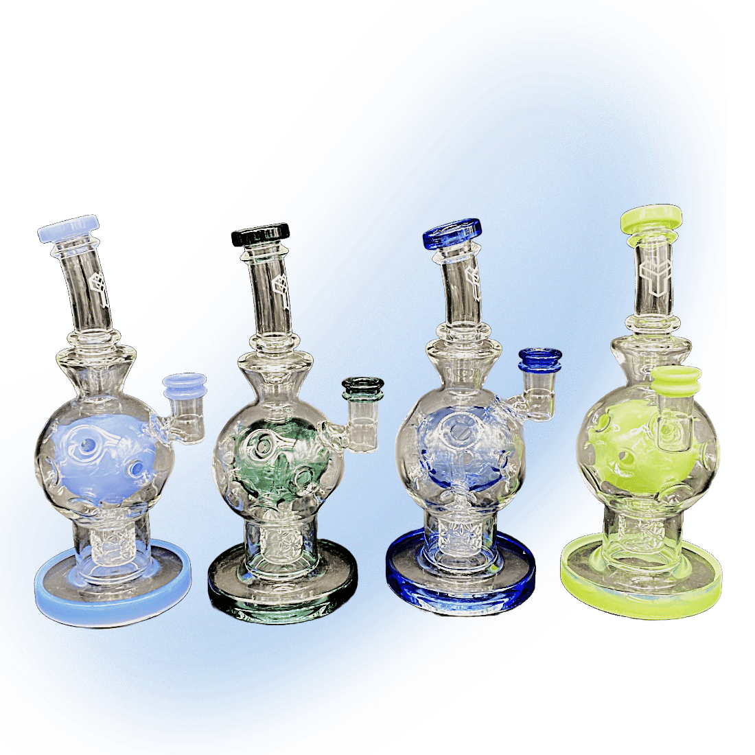 8-inch color trim Fab Egg glass bong with Seed of Life percolator by CHV Glass