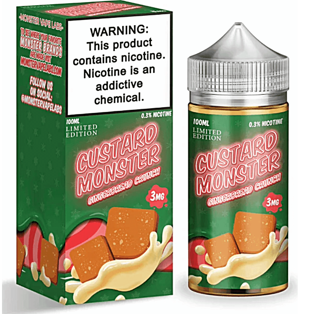 120ml bottle of Gingerbread Custard Monster Freebase E-Liquid with options of 0, 3, 6 mg nicotine strengths