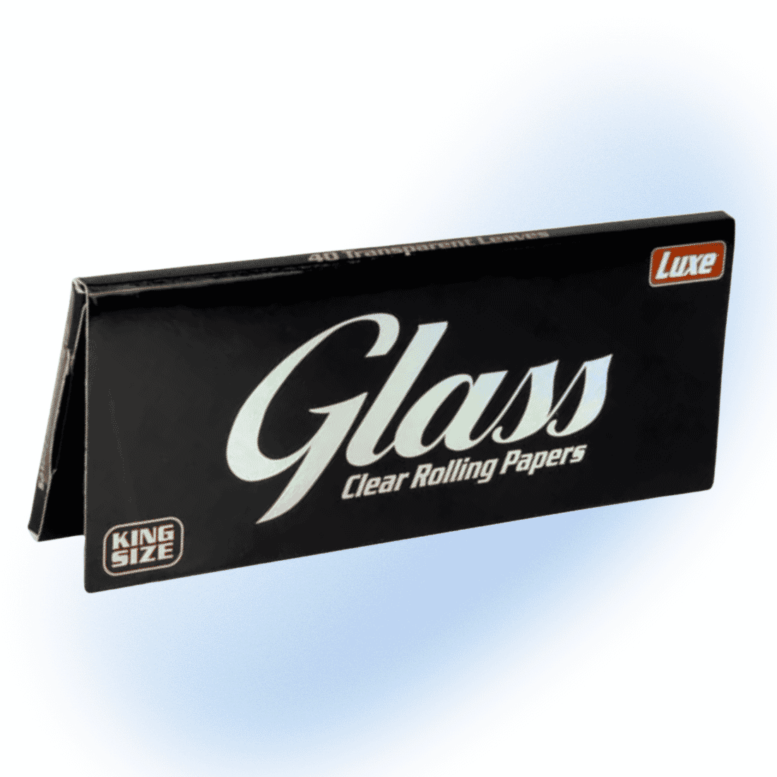 Luxe brand king size glass clear rolling papers package on display