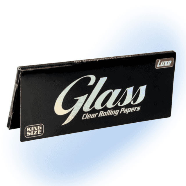 Luxe brand king size glass clear rolling papers package on display