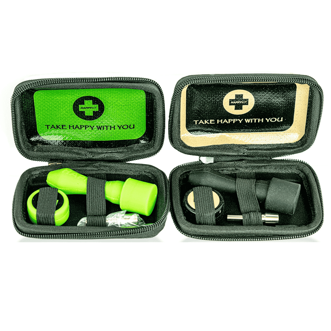 Happy Kit's Dab Kit Mini with silicone nectar collector, wax jar, dab mat, in beige/black smell-proof case.