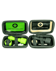 Happy Kit's Dab Kit Mini with silicone nectar collector, wax jar, dab mat, in beige/black smell-proof case.