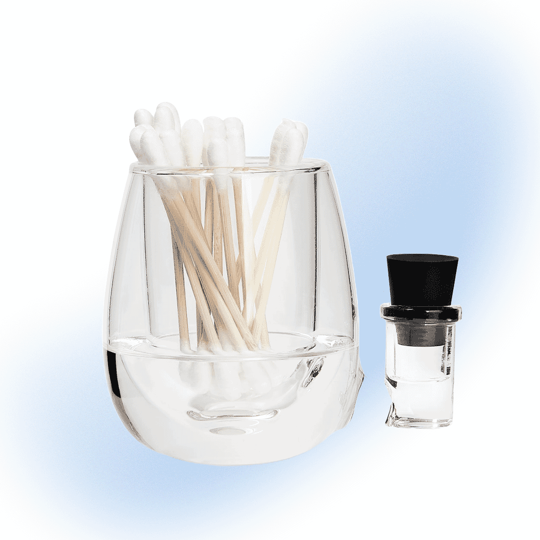 High Five Clear Glass Iso Station for storing Q-tips and isopropyl alcohol.