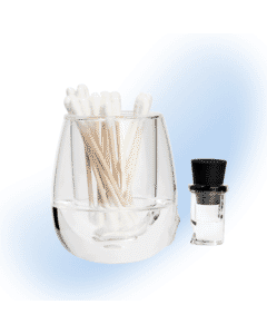 High Five Clear Glass Iso Station for storing Q-tips and isopropyl alcohol.