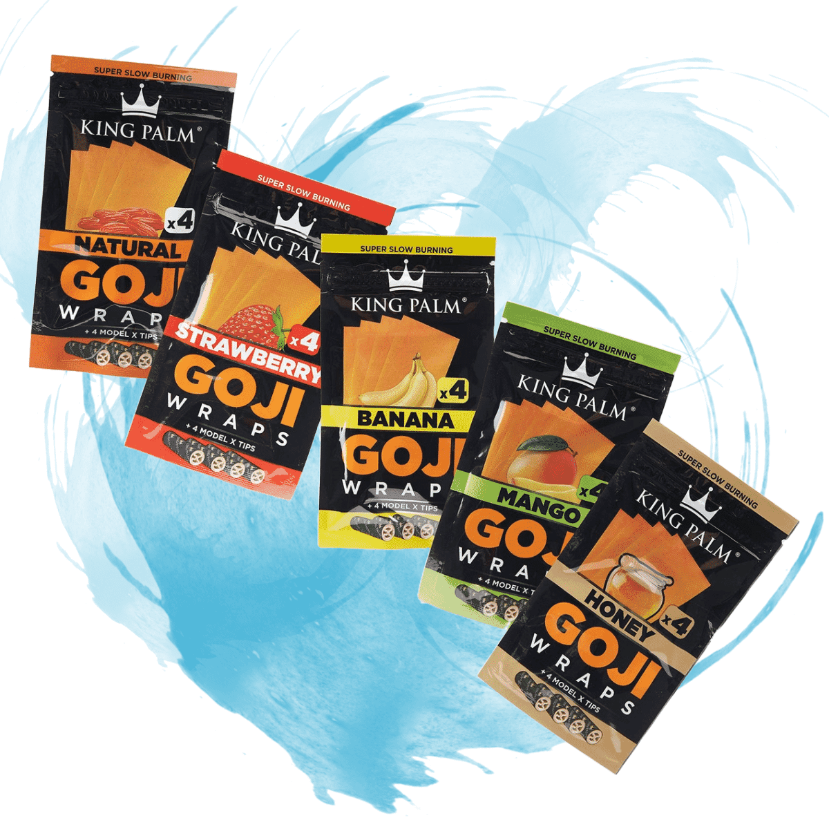 King Palm Goji Wraps pack featuring organic goji berry blunt wraps with Model X filter tips in assorted natural flavors