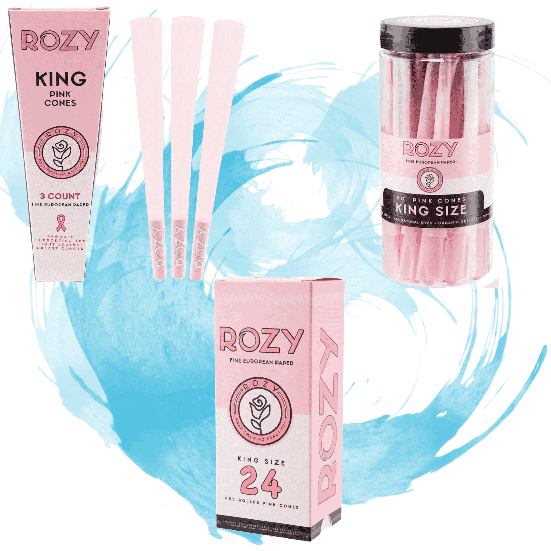 Rozy pink king size pre-rolled cannabis cone in bright packaging supporting breast cancer research