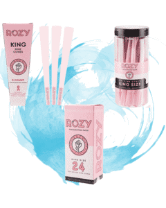 Rozy pink king size pre-rolled cannabis cone in bright packaging supporting breast cancer research