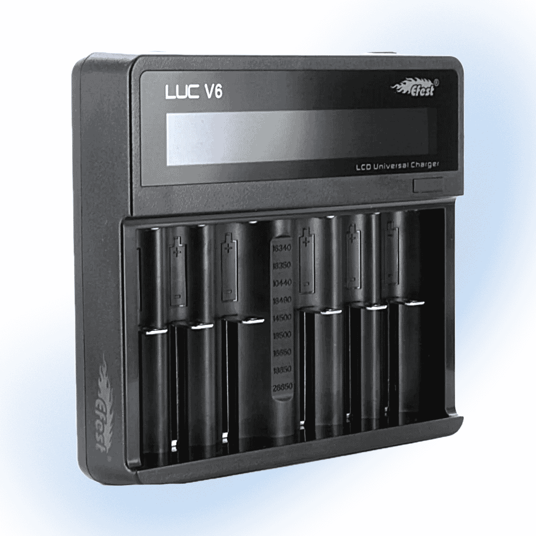 Efest LUC V6 6 Bay smart battery charger with LCD screen and durable construction.