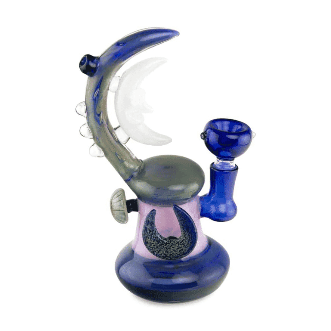 Artistic 7-inch Crescent Moon Rig with moon details and a mix of pink, blue, and green colors