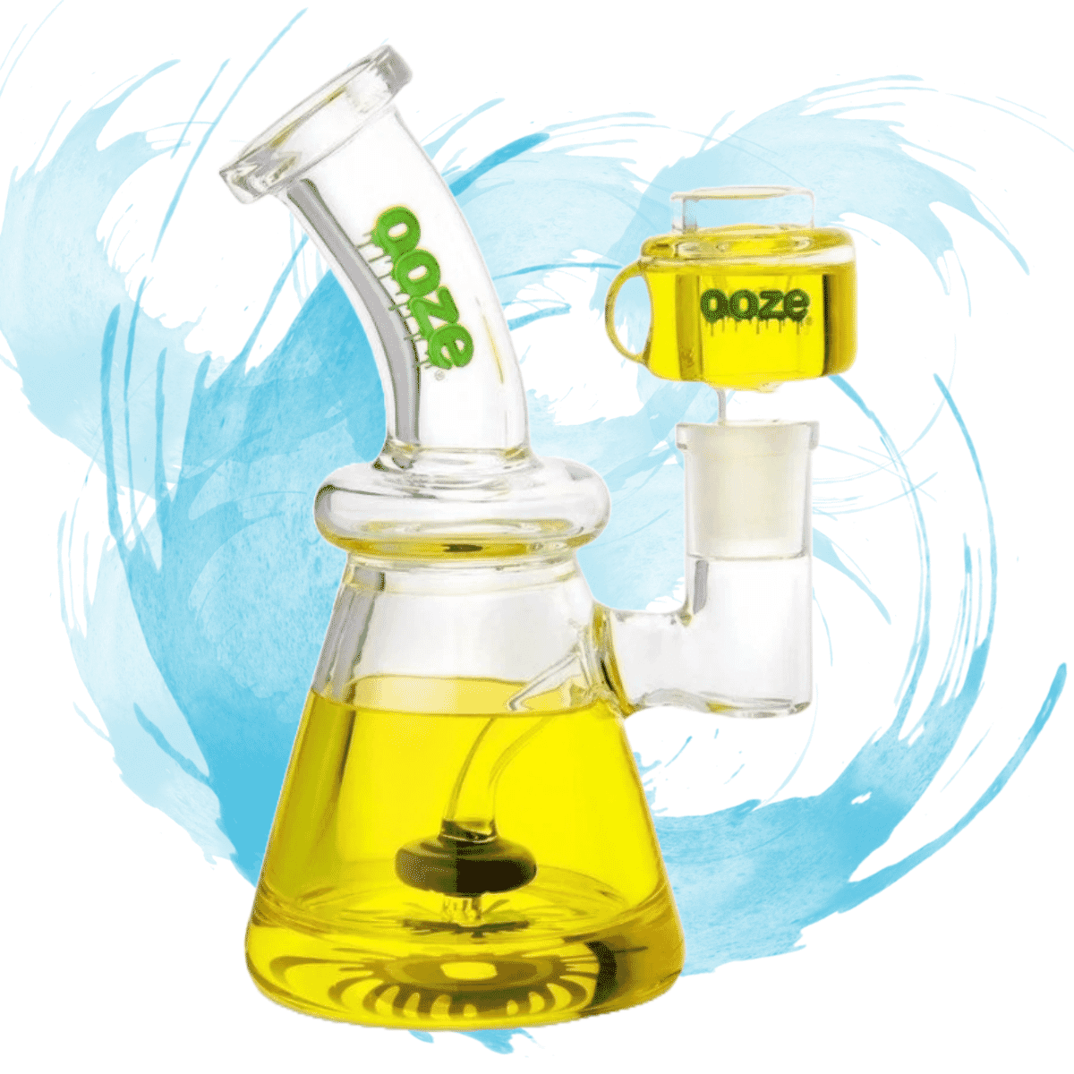 Ooze Glyco Freeze Water Pipe featuring a freezable glycerin chamber, 14mm glycerin-filled bowl, curved mouthpiece, and sleek glass design