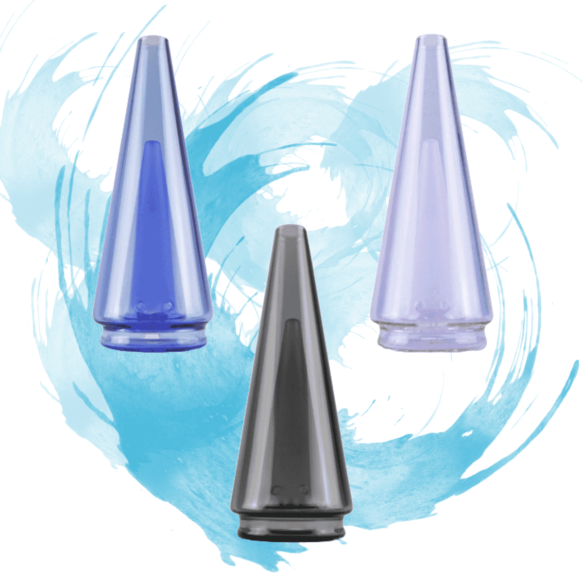 Puffco Peak Pro Colored Glass attachment in royal blue, ultra violet, and shadow black with borosilicate design for water filtration