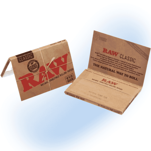 RAW Natural 1 1/2 size rolling papers pack, made from organic hemp, watermark visible for even burning