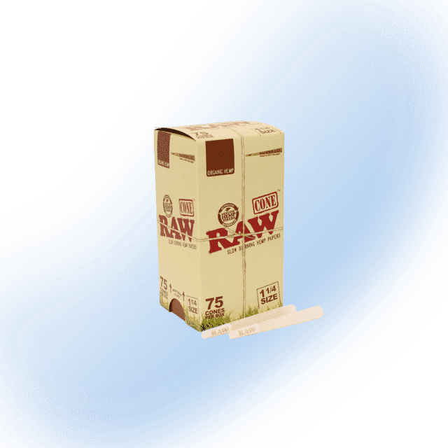 Raw Organic 1 1/4 Cones 75 Count Box - Front/Side View