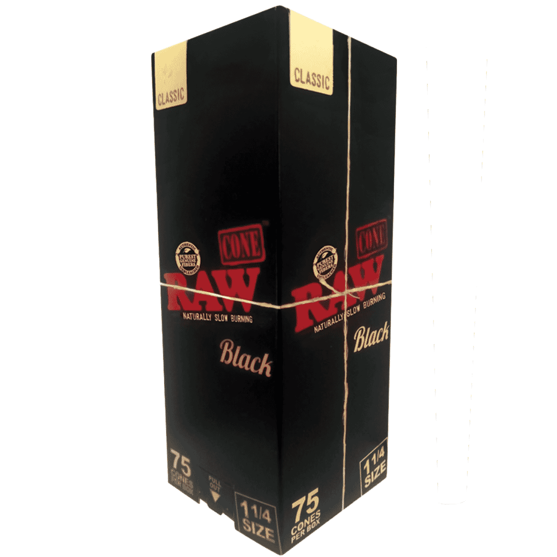 raw classic black 1 1/4 prerolled cones 75 pieces in one pack Pack of 75 Classic Black 1 1/4 pre-rolled cones by Raw, symbolizing premium quality and convenience