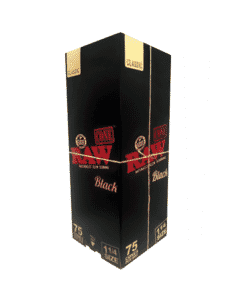 raw classic black 1 1/4 prerolled cones 75 pieces in one pack Pack of 75 Classic Black 1 1/4 pre-rolled cones by Raw, symbolizing premium quality and convenience