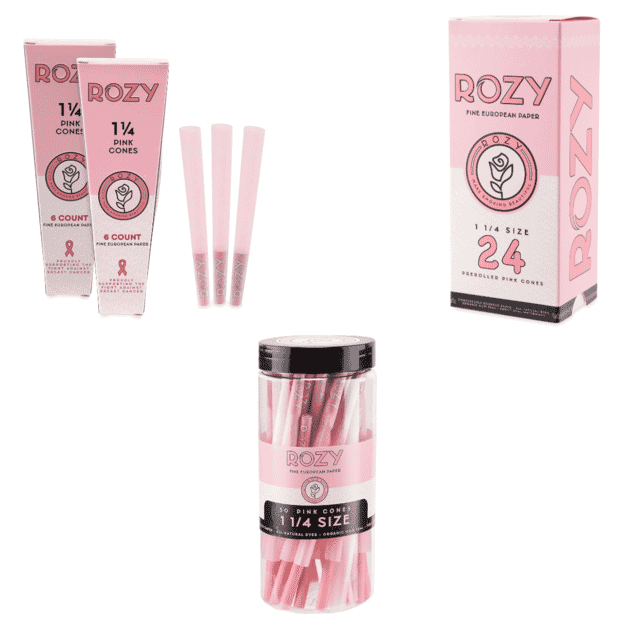 Rozy pink pre-rolled smoking cone with eco-friendly materials and breast cancer support.
