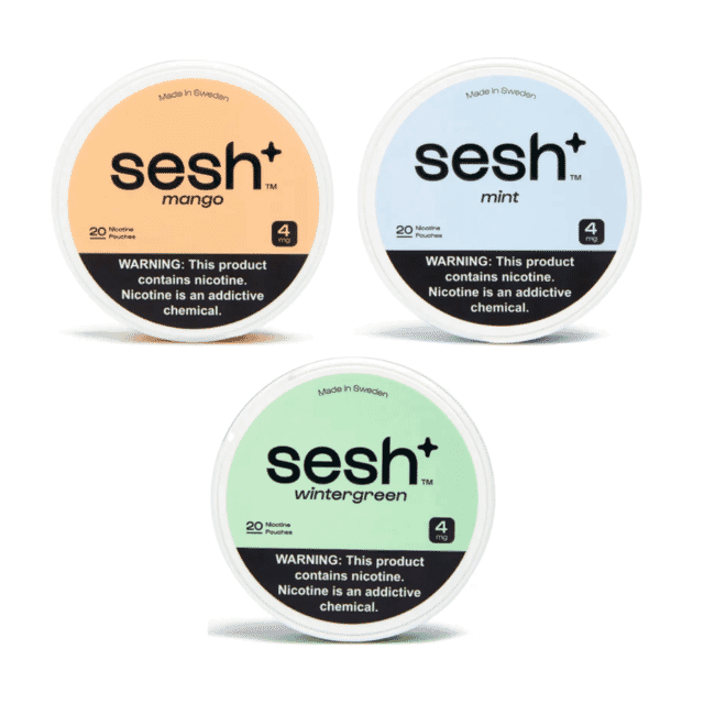 Sesh Nicotine Pouches in various strengths and flavors, featuring innovative technology.