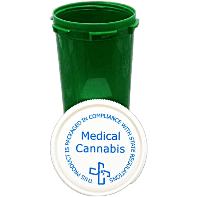 green medicine bottle style stash container with child proof lid