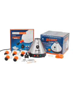 Image showcasing the Storz And Bickel Volcano Classic Dry Herb Vaporizer, highlighting its Easy Valve Set, Bag System, and Whip Method.