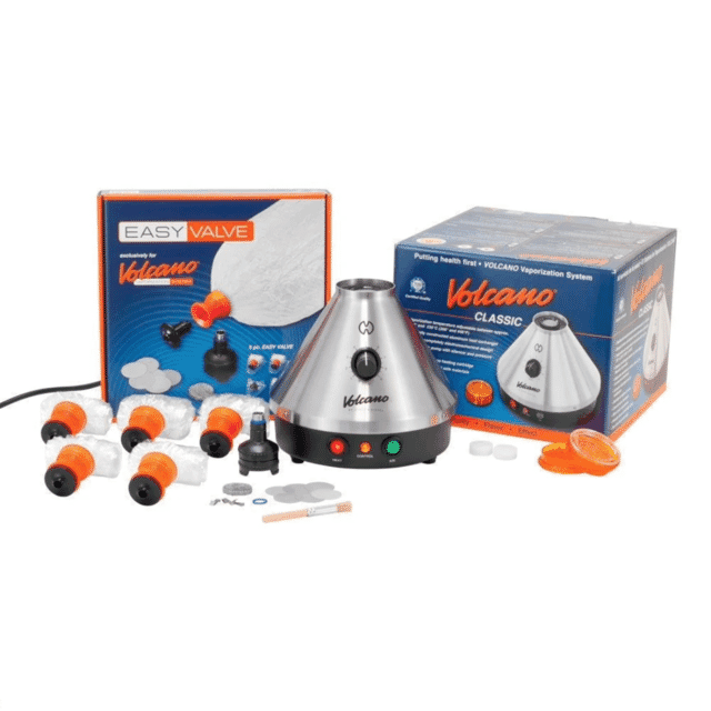 Image showcasing the Storz And Bickel Volcano Classic Dry Herb Vaporizer, highlighting its Easy Valve Set, Bag System, and Whip Method.