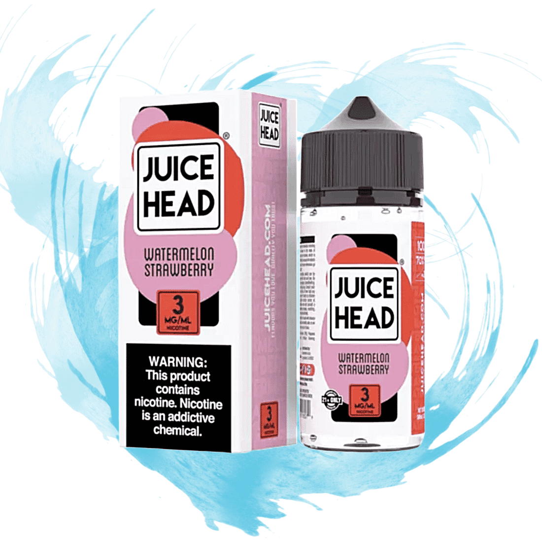 Bottle of Juice Head Strawberry Watermelon E-Liquid, available in 0mg, 3mg, and 6mg nicotine strengths, showcasing premium fruit-flavored vape juice.