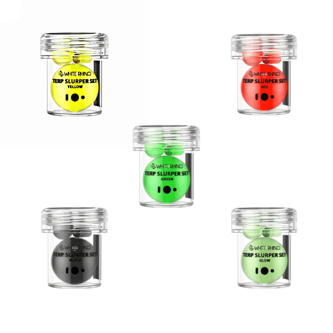 White Rhino Terp Slurper Pearl Set with top, middle marbles, and spinning terp pill for enhanced dabbing.