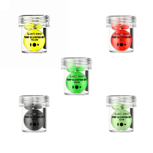 White Rhino Terp Slurper Pearl Set with top, middle marbles, and spinning terp pill for enhanced dabbing.