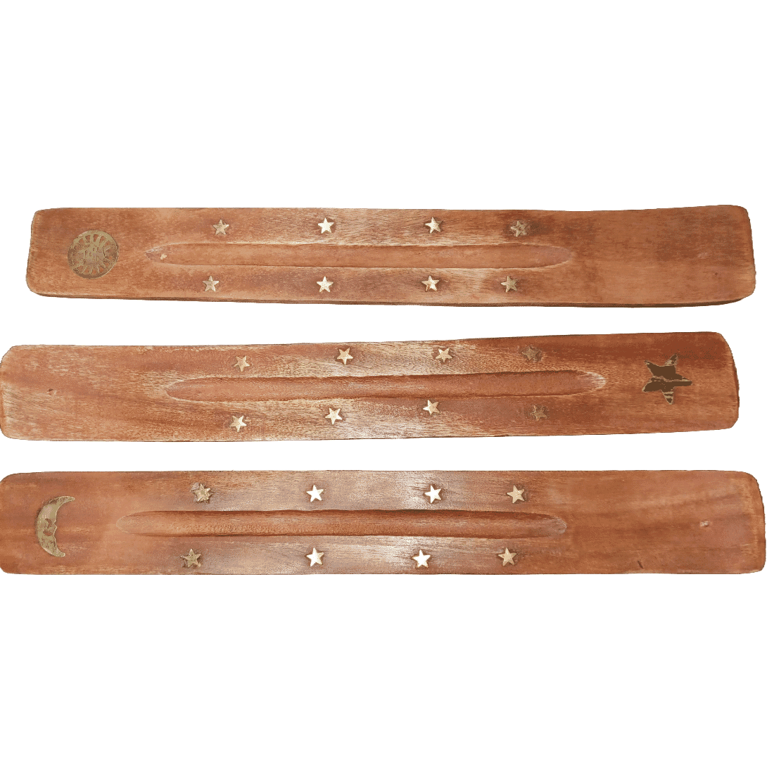 Handcrafted Wooden Incense Burner with Celestial Design - Moon, Sun, Star