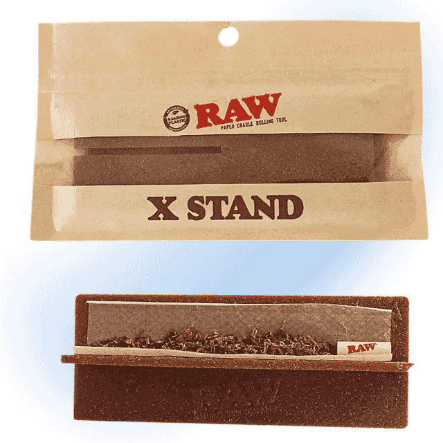 RAW X-Stand rolling tool made from eco-friendly materials, displayed in a ready-to-use position.